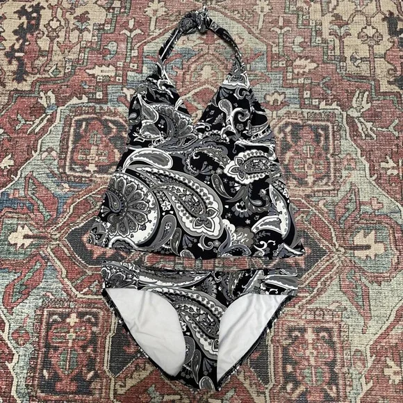 Lands' End Swimsuit Tankini Set  Black /Gray Paisley‎ Size 4 Top 6 Bottom - Picture 2 of 6